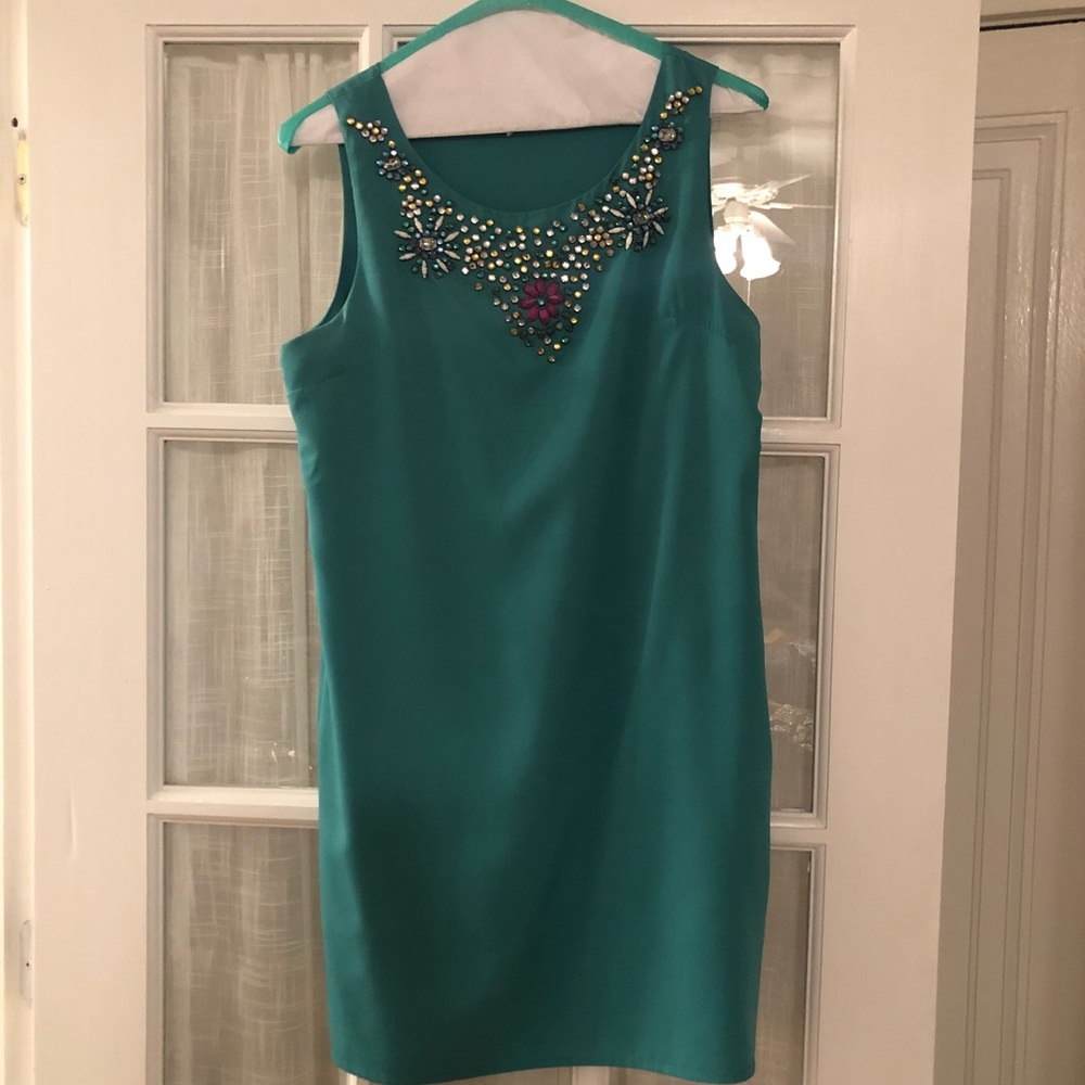 Pim + Larkin dress with neckline embellishments